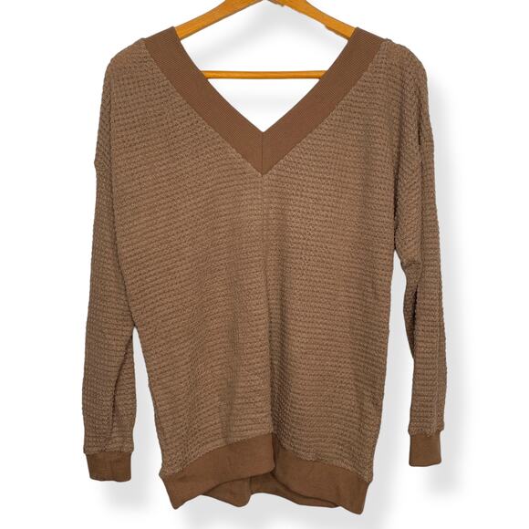 Adreamly women's brown v-neck waffle knit oversize long sleeve top Small - Picture 3 of 8